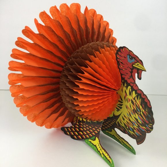 Vtg Beistle Co Paper Turkey 13 inch w Unbranded Paper Pumpkins Neon Orange READ - Picture 5 of 10